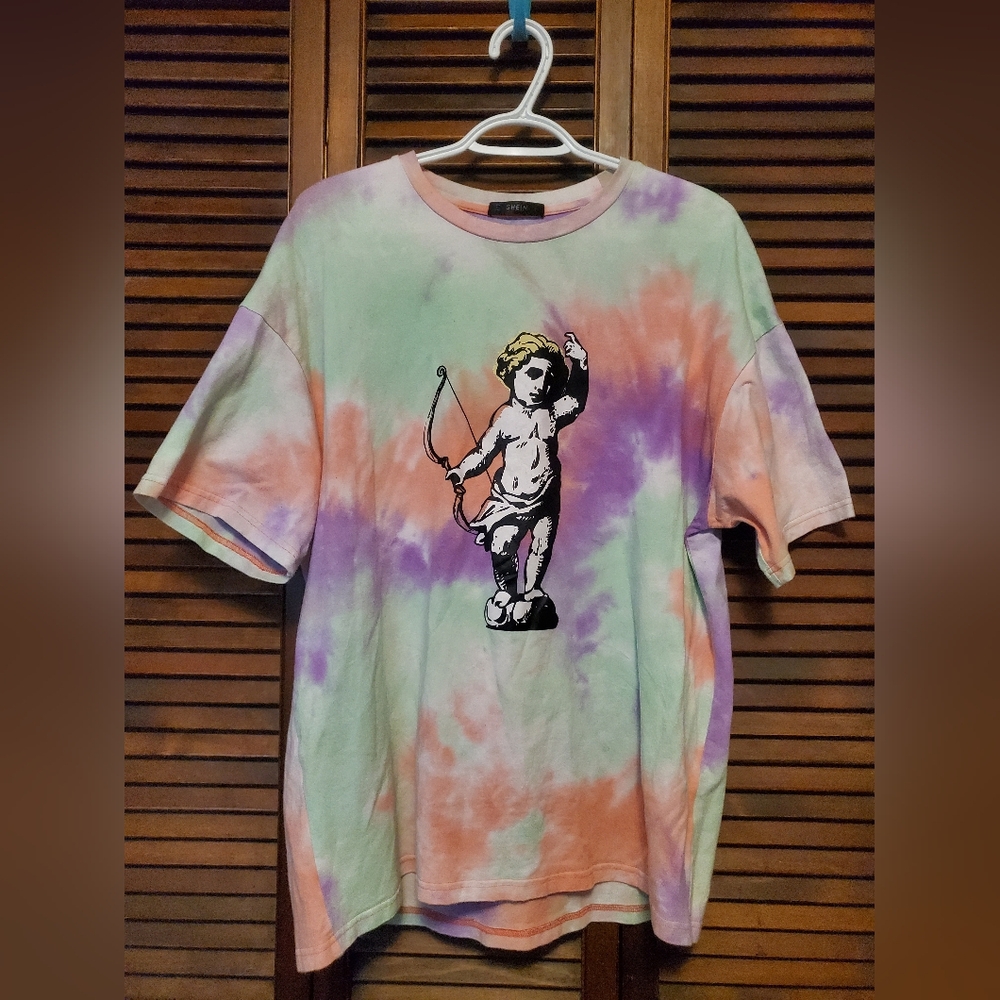 Shein T Shirt Tie Dye XL Cupid Statue Purple Green Peach White